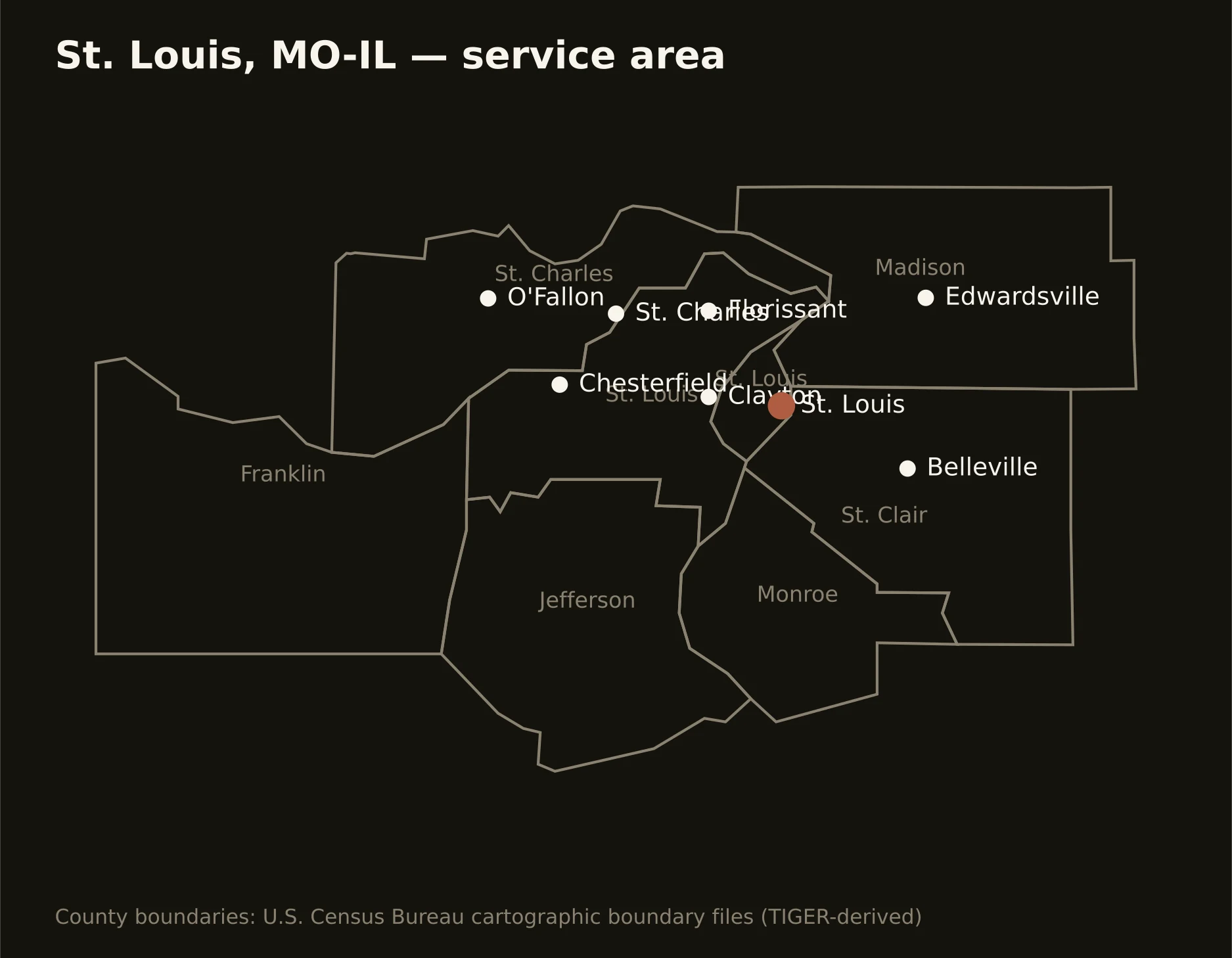St. Louis, MO-IL directional drilling service area map — component counties and cities served